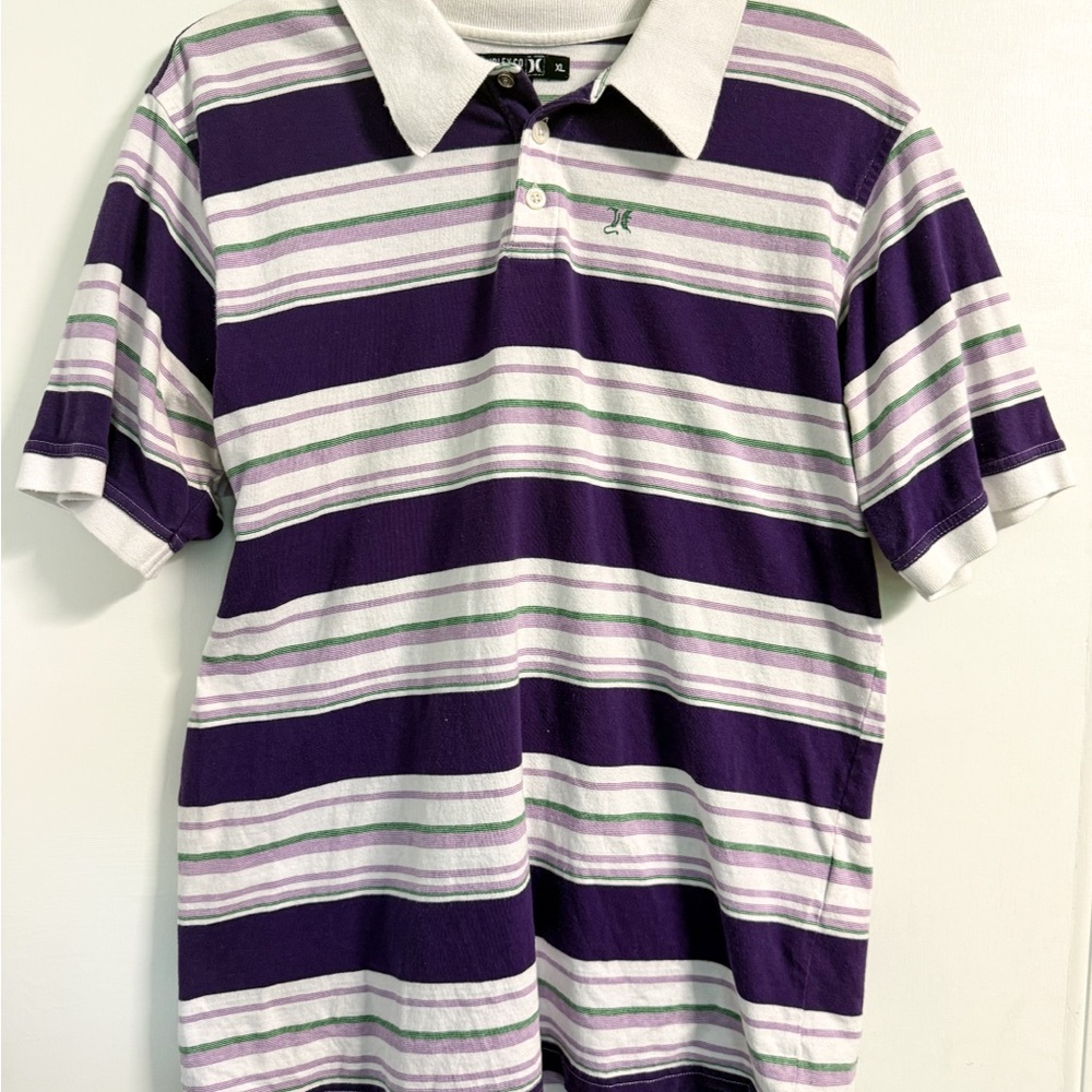 Vintage Hurley Y2K Purple White Stripe Polo Shirt Men’s XL Cotton Skate Prep